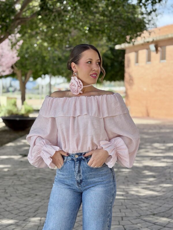 Blusa bardot flor rosa