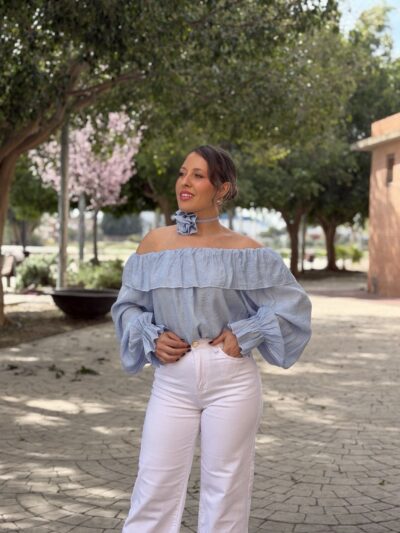 Blusa bardot rosa azul